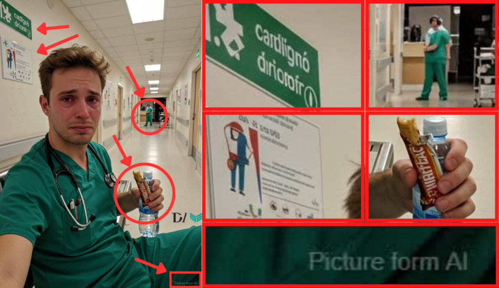 Giovane uomo in divisa da infermiere piange in corsia ospedaliera; l’immagine è falsa e generata con intelligenza artificiale, presenta cartelli illeggibili, snack inventato e watermark “Picture form AI”.