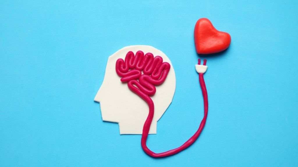 Cervello collegato a un cuore tramite un filo a forma di spina elettrica, su sfondo azzurro.