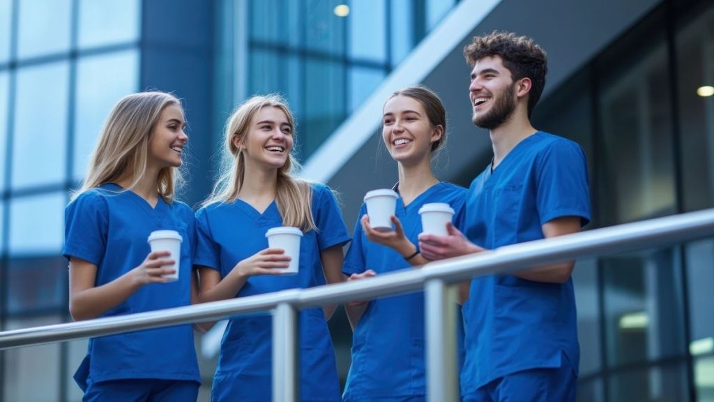 Quattro studenti di infermieristica sorridenti in divisa blu con bicchieri di caffè in mano, fuori da un edificio universitario moderno simbolo di una crisi infermieristica di iscritti