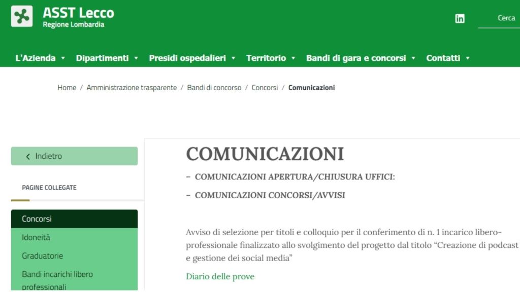 Avviso di selezione di social media manager e podcaster presso ASST di Lecco screen da asst lecco.it
