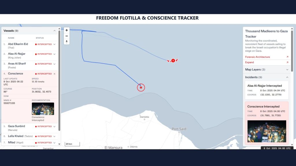 Israele ha intercettato la seconda Flotilla di sanitari: ancora ignote le condizioni dei passeggeri 1 Israele intercetta la seconda Flotilla di sanitari Screen globalsumudflotilla.org tracker