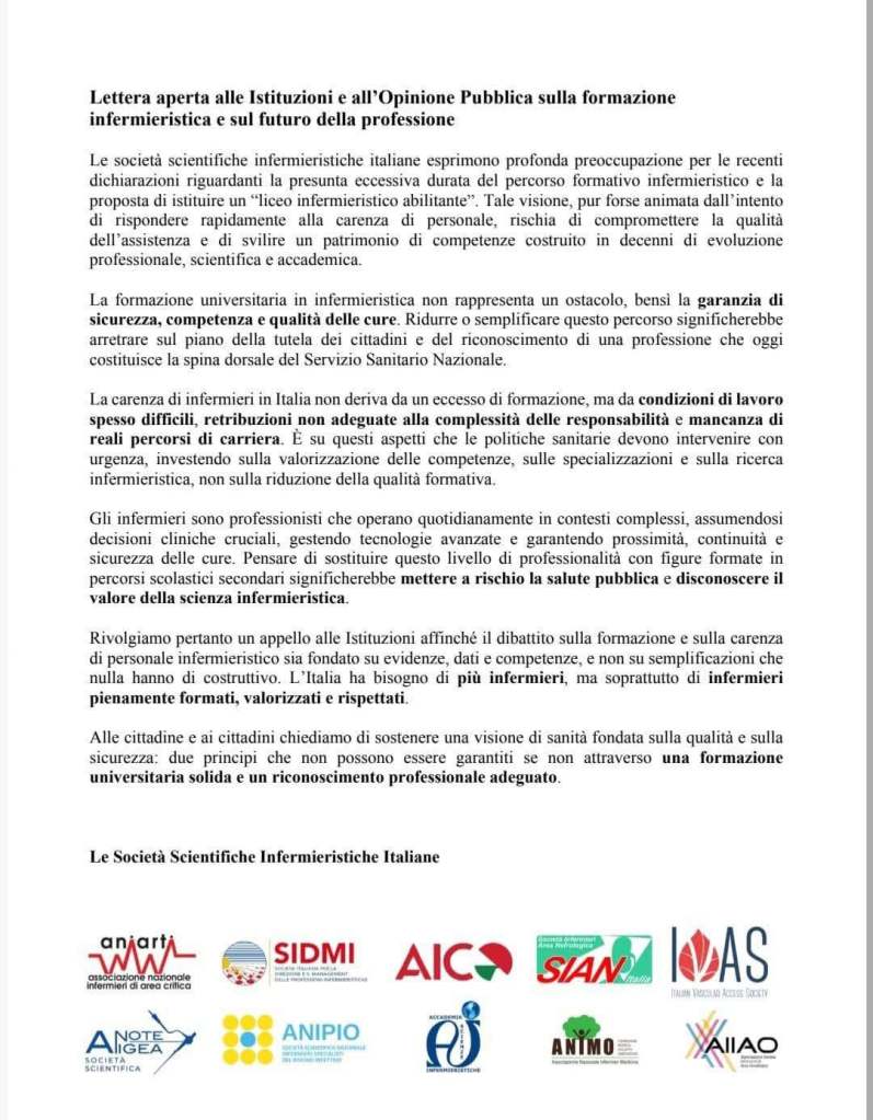 Lettera aperta alle Istituzioni e all’Opinione Pubblica sulla formazione infermieristica e sul futuro della professione 1 Nota congiunta intrasocietaria contro le dichiarazioni politiche sull'istituzione di un liceo infermieristico abilitante.