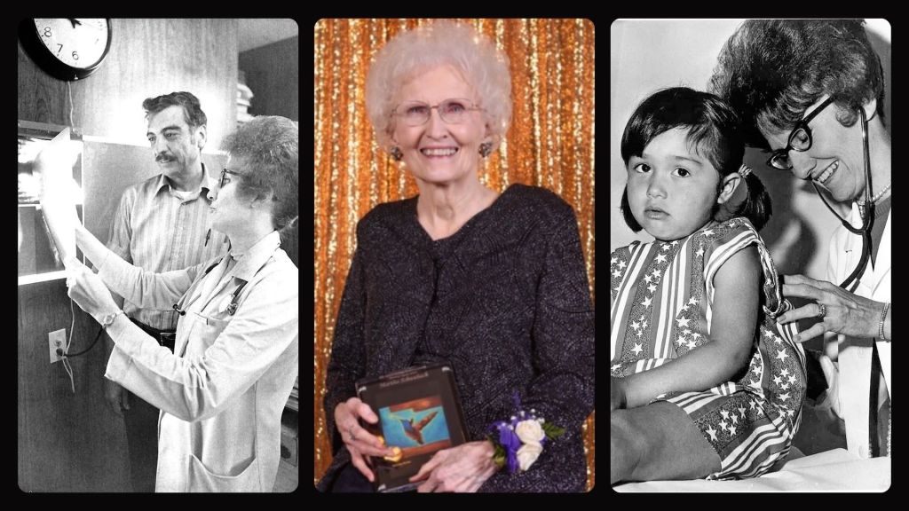 Trittico fotografico storico di Martha Schwebach, pioniera infermiera di pratica avanzata, mentre esamina radiografie e una bambina.